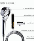Components of Handheld Chrome Shower Head With Chlorine And Mineral Filter, Adjustable 7-Setting Spray, including hose and bracket.