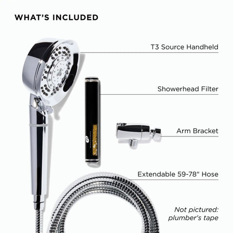 Components of Handheld Chrome Shower Head With Chlorine And Mineral Filter, Adjustable 7-Setting Spray, including hose and bracket.