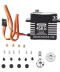 Hardcore Brushless Servo Featuring Heavy Duty Metal Gears And Aluminum Body 45Kg Torque mounted with screws and connectors.