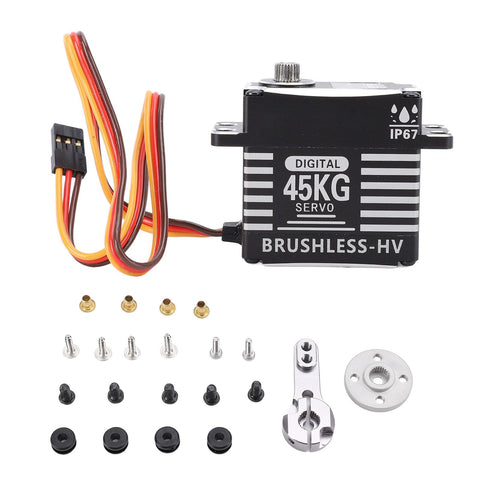Hardcore Brushless Servo Featuring Heavy Duty Metal Gears And Aluminum Body 45Kg Torque mounted with screws and connectors.
