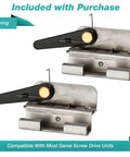 Two Garage Door Opener Limit Switches For Screw Drive Units 20113R 19795S 22785R Replacement Part in metal frame, front view