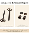 Heavy Duty Antique Brass Swing Cheval Mirror Mounting Bolts Pack Of 2 Solid Steel Cabinet Hardware includes washers and threaded inserts.