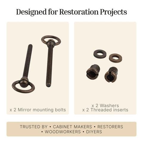Heavy Duty Antique Brass Swing Cheval Mirror Mounting Bolts Pack Of 2 Solid Steel Cabinet Hardware includes washers and threaded inserts.
