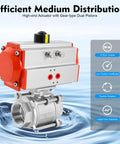 2-inch pneumatic air-actuated ball valve with stainless steel body and red actuator housing