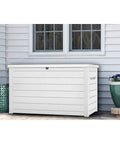 XXL 230 Gallon Deck Storage Box Outdoor Patio Container With Lockable Lid And Piston Opening White Wood Look Panels