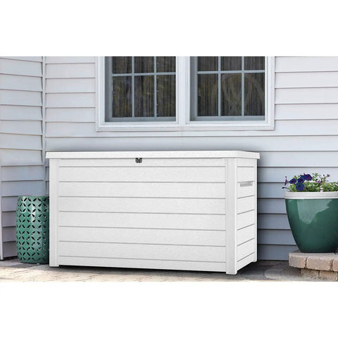 XXL 230 Gallon Deck Storage Box Outdoor Patio Container With Lockable Lid And Piston Opening White Wood Look Panels