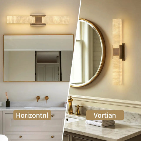 Natural Alabaster Brass Wall Sconce, Modern Indoor Bathroom Vanity Light in horizontal and vertical displays, brass finish, elegant decor