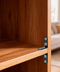 20 Pieces L Corner Brackets Black Heavy Duty 1.6 By 1.6 Inch 4 By 4 cm Right Angle Shelf Supports in use on wood furniture