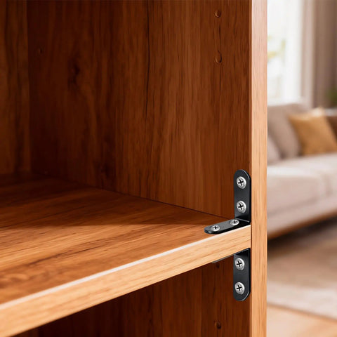20 Pieces L Corner Brackets Black Heavy Duty 1.6 By 1.6 Inch 4 By 4 cm Right Angle Shelf Supports in use on wood furniture