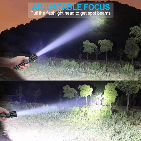 Person using Beast Mode 2000 Lumen Rechargeable LED Flashlight Tactical Torch With Clip, IPX6 water-resistant, adjustable focus beam in woods.