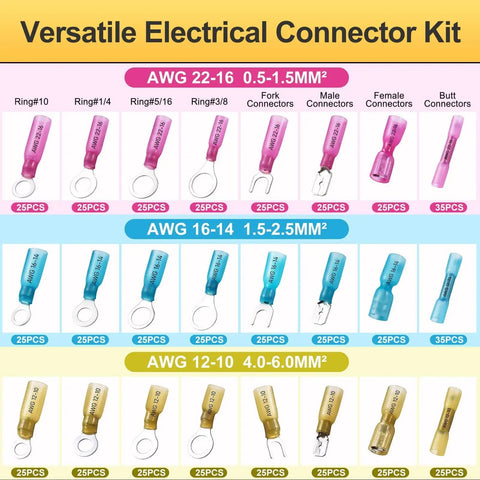 620 Piece Marine Grade Heat Shrink Wire Connector Kit with waterproof butt, ring, fork, spade terminals in multiple gauges and colors