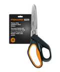 PowerArc 8 Inch Heavy Duty Shop Shears With Serrated Stainless Steel Blades And Comfort Grip next to Fiskars Pro packaging