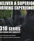 Interior of Jeep showing seats with text highlighting Greaseable Beefy Heavy Duty Double Cardan Joint Kit 1310 Series.