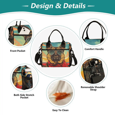 Design features of Insulated Lunch Bag Cooler Tote For Outdoor Picnics And Camping with detachable strap and side pockets.