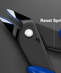 Close-up of Two Pack Ultra Sharp Flush Cutters For Crafting And Electronics Micro Wire Cutters with reset spring and blue handle