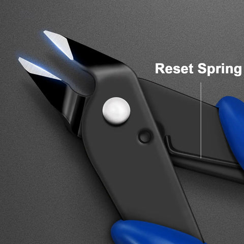 Close-up of Two Pack Ultra Sharp Flush Cutters For Crafting And Electronics Micro Wire Cutters with reset spring and blue handle