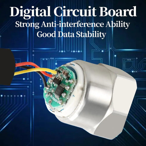 Close-up of 0 to 100 PSI pressure sensor transducer for fuel oil air and water with one eighth inch NPT thread and harness kit, digital circuit board visible.