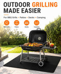 Grill Game Booster No Scorch Bbq Grill Mat With Heat Shield Silicone Layer And Sure Grip Non Slip Bottom on patio with grill and food.