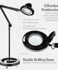 Hands Free Magnifying Floor Lamp With Dimmable LED Light, 5 Diopter Lens, Six Wheel Rolling Stand, adjustable height up to 55 inches