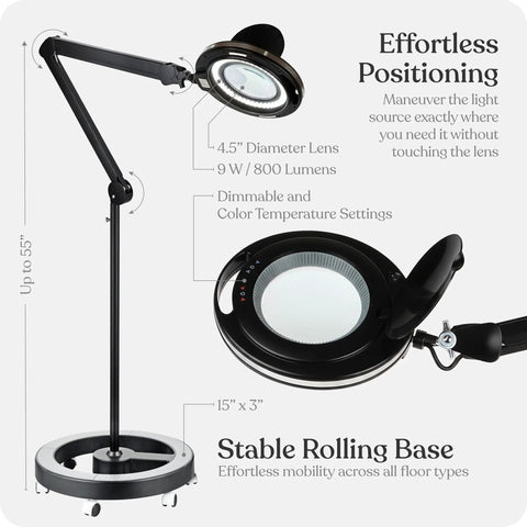 Hands Free Magnifying Floor Lamp With Dimmable LED Light, 5 Diopter Lens, Six Wheel Rolling Stand, adjustable height up to 55 inches
