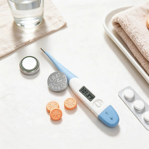Premium Leak Proof LR41 Button Batteries AG3 Alkaline Cells 10 Pack with thermometer and vitamin tablets on a table.