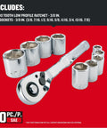 Top Shelf Ten Piece Mechanics Tool Set With Three Eighth Inch Drive Ninety Tooth Low Profile Ratchet Full Polish Chrome Sae Sockets Six Point Grip, includes 90 tooth ratchet and nine sockets.