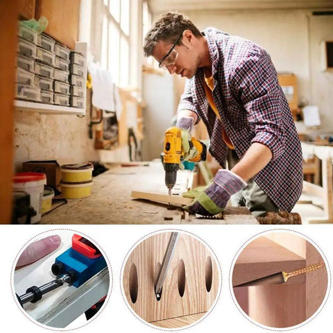 Man using Pocket Hole Jig Set For Woodworking, 14-Piece Multi Tool Kit with 15-Degree Angled Guides in workshop with close-ups