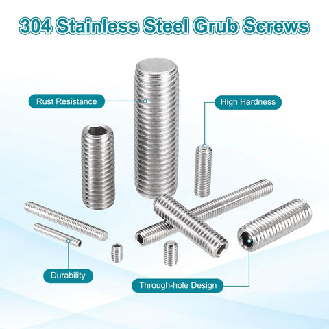 Assorted 304 Stainless Steel Grub Screws Set, Cup Point Allen Head Internal Hex Socket Drive, M16 Two By Twenty Five Millimeter, 4 Pcs