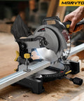 Heavy Duty 10 Inch Compound Miter Saw Boasting A Beefy 15 Amp Motor Cruising At 5000 Rpm For Silky Smooth Cuts On Wood Metal Plastic And Laminates Featuring Single Bevel 0 To 45 Degree Angles Wide Extension Table Plus 36 T Blade in action cutting metal.