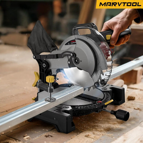 Heavy Duty 10 Inch Compound Miter Saw Boasting A Beefy 15 Amp Motor Cruising At 5000 Rpm For Silky Smooth Cuts On Wood Metal Plastic And Laminates Featuring Single Bevel 0 To 45 Degree Angles Wide Extension Table Plus 36 T Blade in action cutting metal.