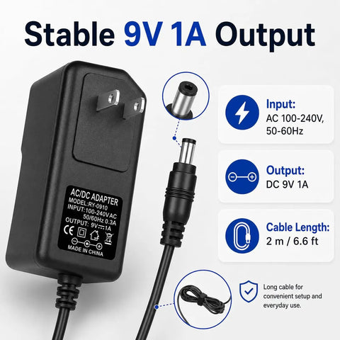 9V 1A DC Power Adapter For Digital Piano Keyboard Series With Six Point Six Foot Cord Replacement Charger Plug And Play