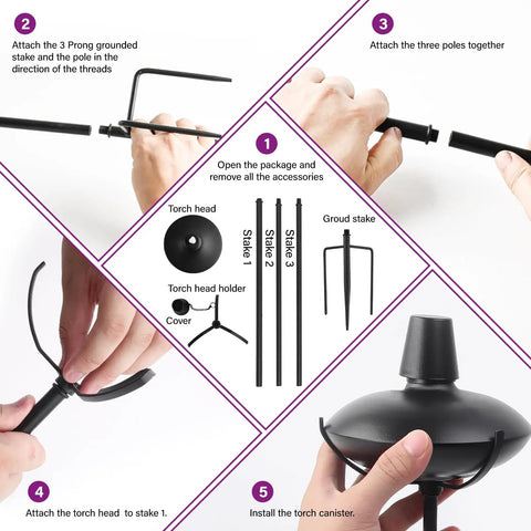 55 Inch Adjustable Outdoor Garden Torch Set With 3 Prong Grounded Stake assembly instructions showing parts and steps.