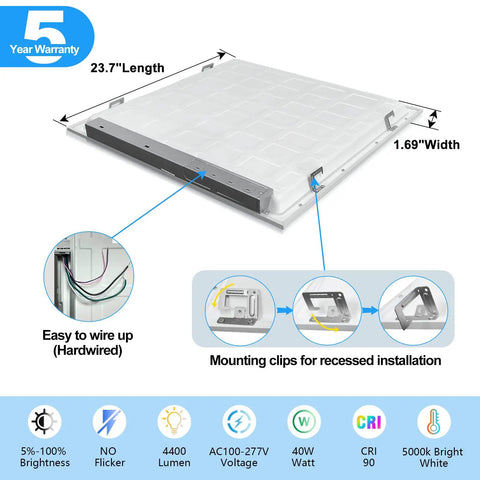 2x2 Ft White LED Flat Panel Light 40W No-Fuss Dimmable 0-10V 5000 Lumen 5000K Daylight Drop Ceiling Light Recessed Back-Lit Troffer Fixture Dustproof Energy Efficient UL DLC ETL 2 Pack