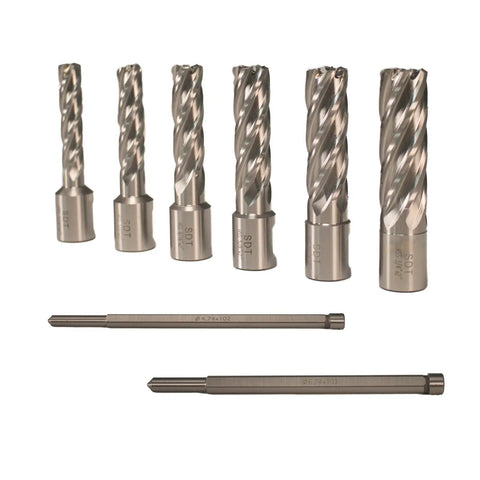 Seven piece HSS cutter kit for Field Proven Portable Magnetic Drill Press With 1850 Watt Motor And Seven Piece HSS Annular Cutter Kit.