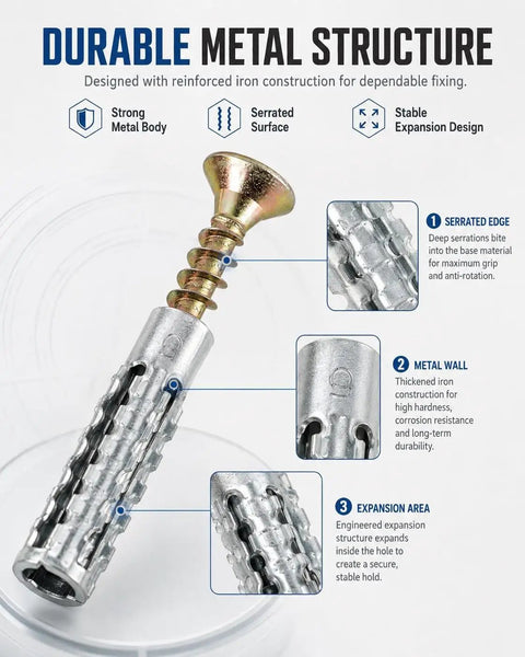 Heavy Duty Stainless Steel Four-Sided Serrated Wall Anchors M6 Set 50 Pieces For Thick Walls Expansion Screws With Reliable Grip And Anti Loosening Fit Ideal For Medium-Duty Mounts And Light Commercial Use, serrated metal wall anchor with screw