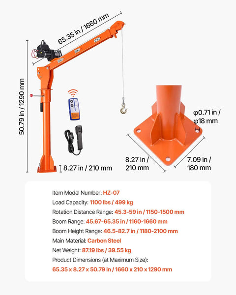 VEVOR 1100 Lb Electric Truck Crane For Pickup Bed With Foldable Telescopic Boom And 360 Rotation Premium Galvanized Steel Winch dimensions and remote control.