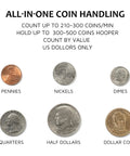 Boss Level Electric Coin Sorter And Change Counter With Huge Led Display, showcasing US coins: pennies, nickels, dimes, quarters, half dollars, dollar coins.