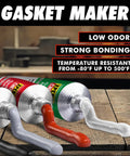 Three RTV silicone gasket maker tubes with gray, red, and white nozzles on a wooden surface; front view.
