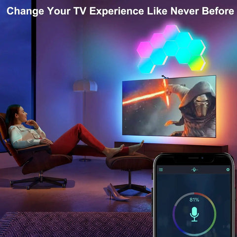Lit RGB Hexagon LED Panel Lights on wall with smart app control and remote music sync, gaming decor in living room setup