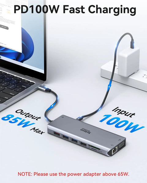 Triple Display USB C Docking Station For Laptops And Windows with PD100W fast charging connected to laptop and power outlet