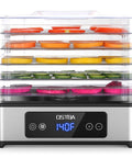 Heavy Duty Five Tray Food Dehydrator With Adjustable Temp Control and Auto Timer, loaded with colorful fruits.