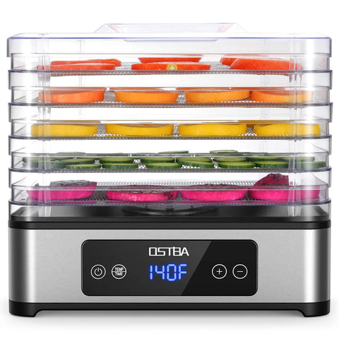 Heavy Duty Five Tray Food Dehydrator With Adjustable Temp Control and Auto Timer, loaded with colorful fruits.