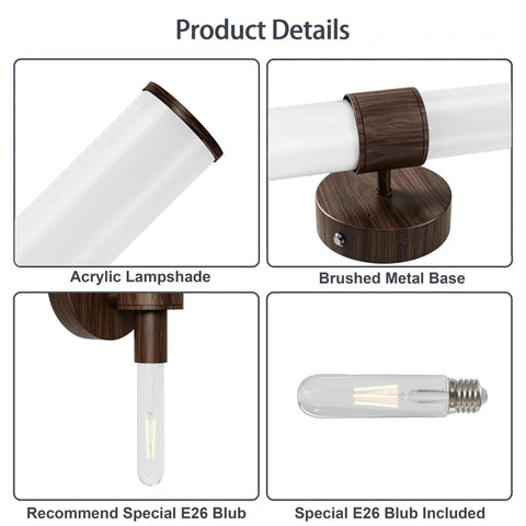 8000mAh Walnut Battery Operated Wall Sconces Set of 2, Dimmable Rechargeable Wall Sconce with Remote, showing acrylic lampshade and brushed metal base.