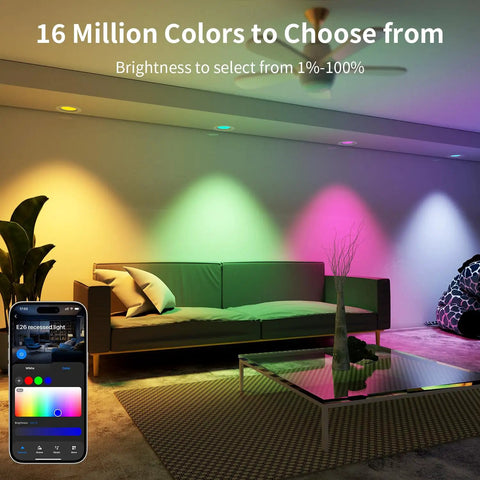 Living room with colorful lighting by Peteme E26 Retrofit LED Recessed Lighting 4 Inch, IC Rated ETL Certified, showing brightness control.