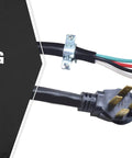 Heavy Duty 50 Amp Range Power Cord With Four Prong Flat Plug, Four Feet, One Quarter Inch Flanged Terminals, Compatible With Most Free Standing Electric Ranges With A Four Conductor Wall Outlet, 125 And 250 Volt cable with black flat plug showing four colored conductors with flanged ends.