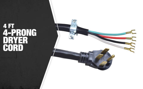 Heavy Duty 50 Amp Range Power Cord With Four Prong Flat Plug, Four Feet, One Quarter Inch Flanged Terminals, Compatible With Most Free Standing Electric Ranges With A Four Conductor Wall Outlet, 125 And 250 Volt cable with black flat plug showing four colored conductors with flanged ends.