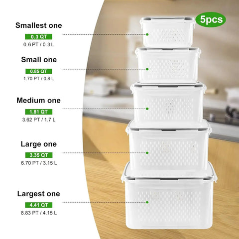 5 Pack Large Fridge Storage Containers With Removable Colander, Leakproof Design, Dishwasher And Microwave Safe, stacked sizes