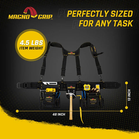 20 Pocket Builder Tool Rig With Magnetic Storage For Quick Access, Heavy Duty 1680D Polyester Tool Belt front view, 48-inch display