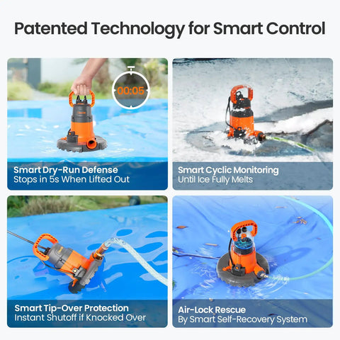 Smart Auto Pool Cover Pump Quarter HP 2160 GPH with freeze protection in action on pool cover.