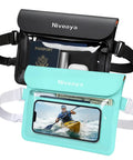 IPX8 Waterproof Fanny Pack Duo Dry Bag For Beach Trips And Water Activities, black and teal packs with contents visible.